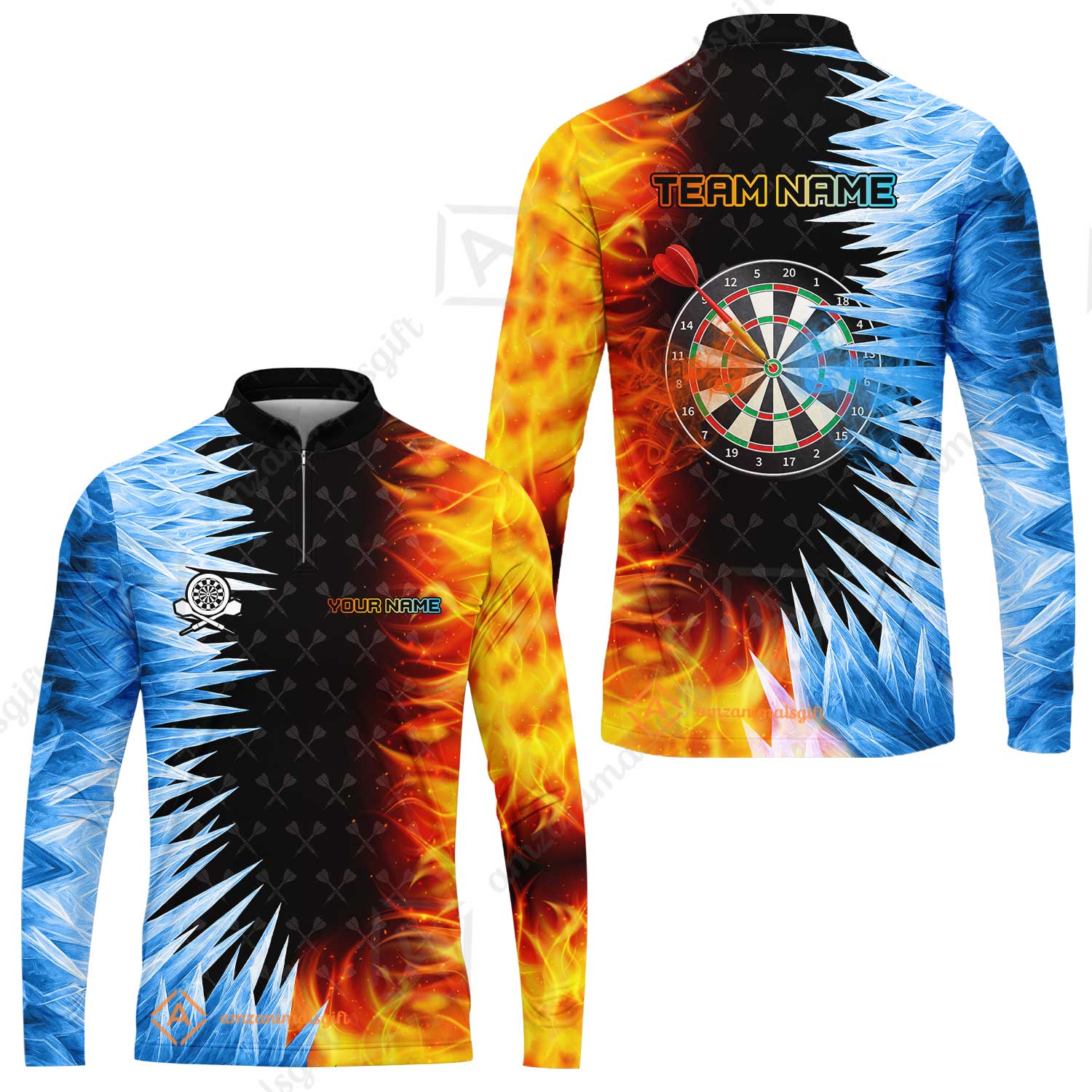 Customized Darts Long Sleeve Jersey, Darts Dartboard Ice And Fire Multicolor Custom Darts Long Sleeve Jersey Team Jersey For Darts Players - Image 2
