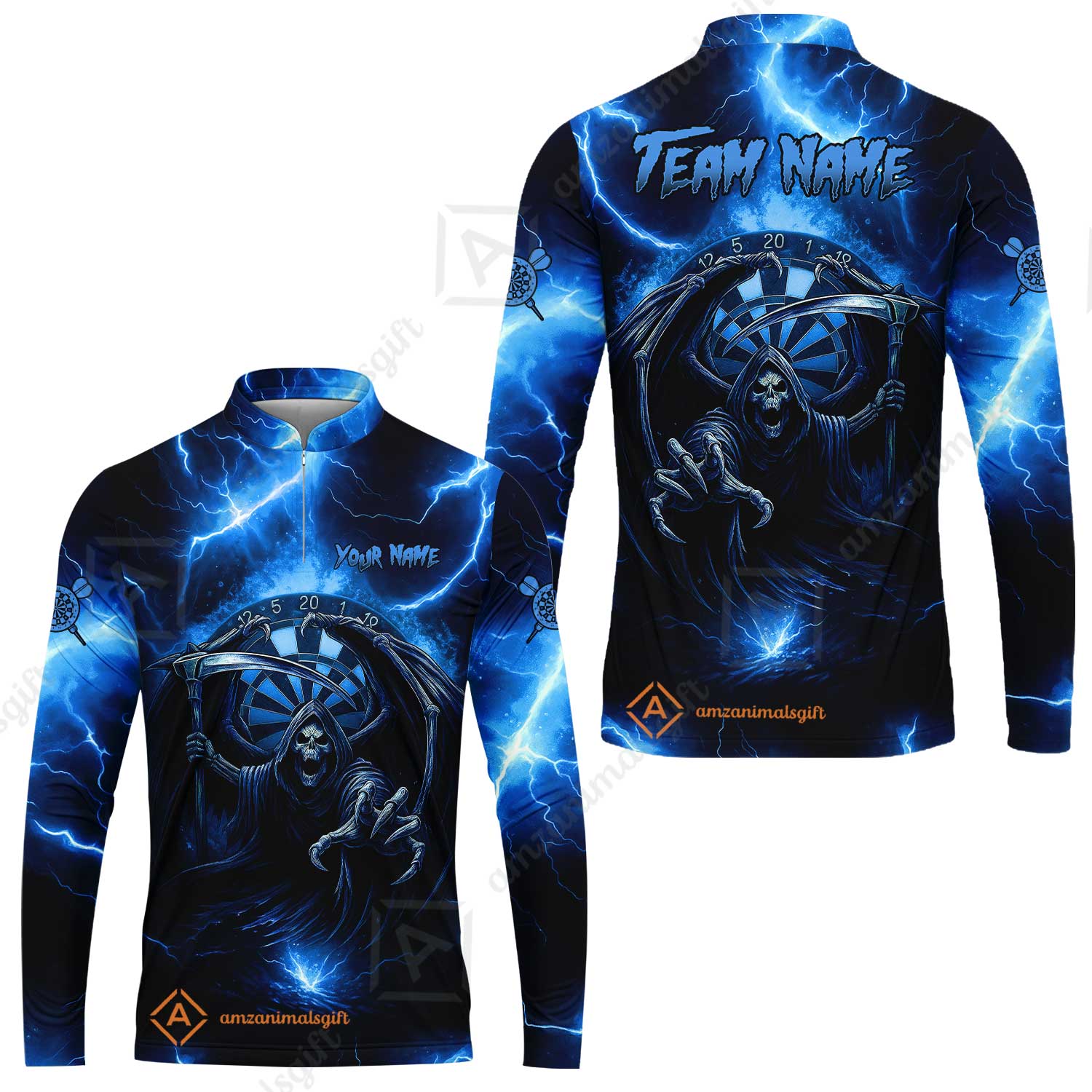 Customized Darts Long Sleeve Jersey, Darts Grim Reaper Thunder Lightning Turquoise And Blue Team Long Sleeve Jersey For Darts Player - Image 2