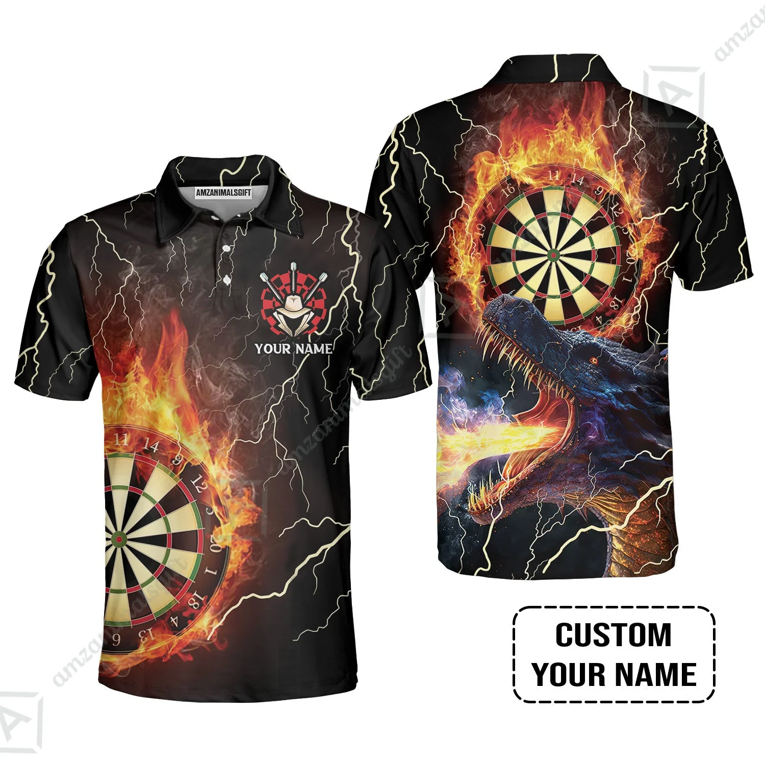 Customized Darts Long Sleeve Men Polo Shirt, Flame Dartboard, Personalized Name Dragon And Darts Polo Shirt - Perfect Gift For Darts Lovers - Image 3