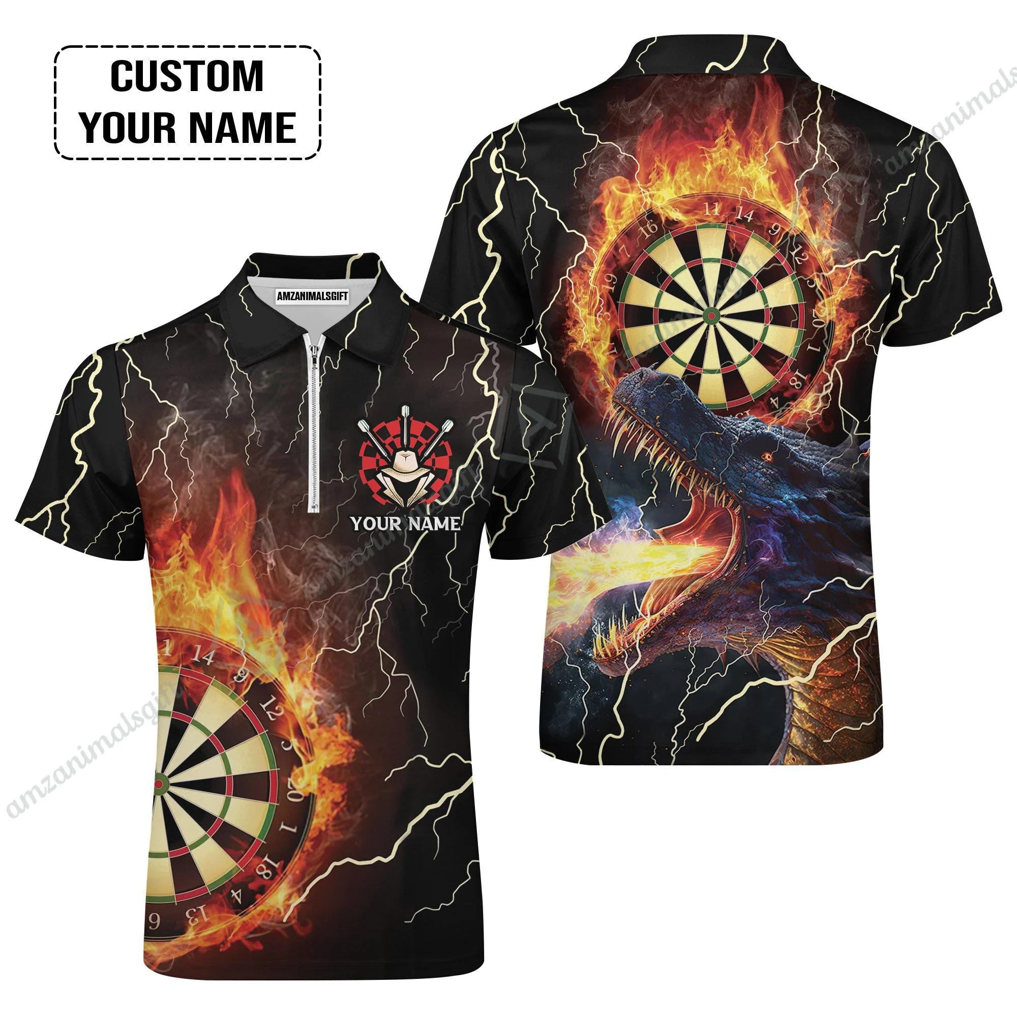 Customized Darts Long Sleeve Men Polo Shirt, Flame Dartboard, Personalized Name Dragon And Darts Polo Shirt - Perfect Gift For Darts Lovers - Image 4