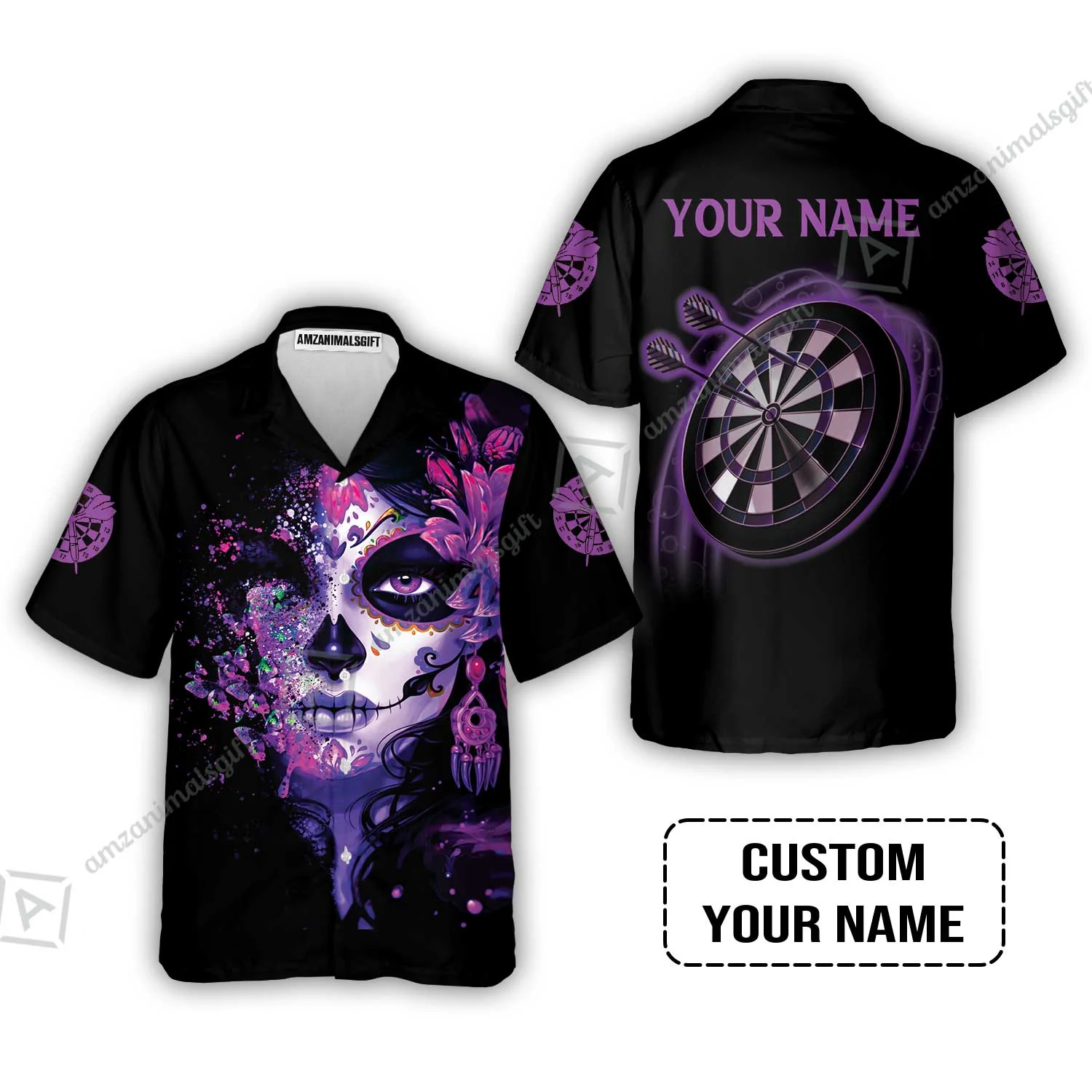 Customized Darts Long Sleeve Men Polo Shirt, Skull Girl Butterfly Personalized Sugar Skull And Darts Polo Shirt - Image 8