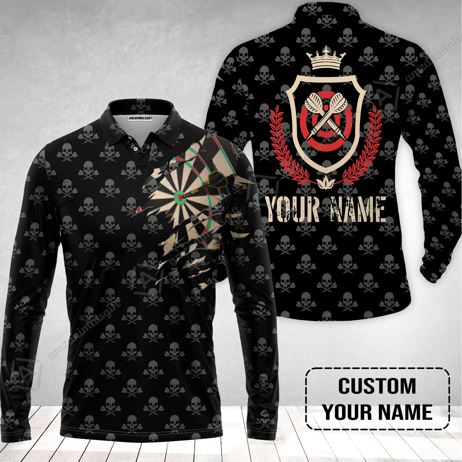 Customized Darts Long Sleeve Men Polo Shirt, Skull King Darts Personalized Name Polo Shirt - Perfect Gift For Darts Lovers, Darts Players - Image 2