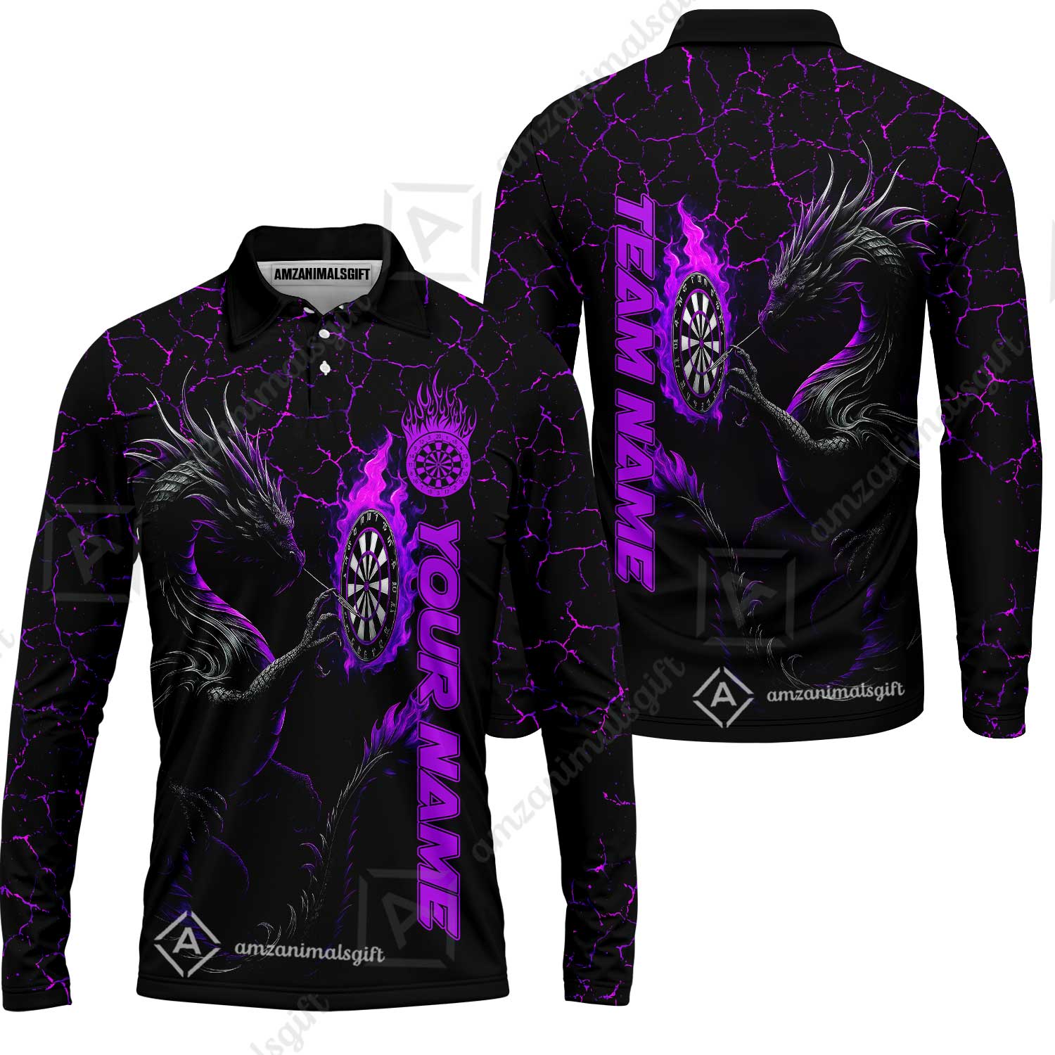 Customized Darts Long Sleeve Polo Shirt, Big Dragon Dartboard Flame Darts Team Style Long Sleeve Polo Shirt for Players, Jersey for Darts Players - Image 2
