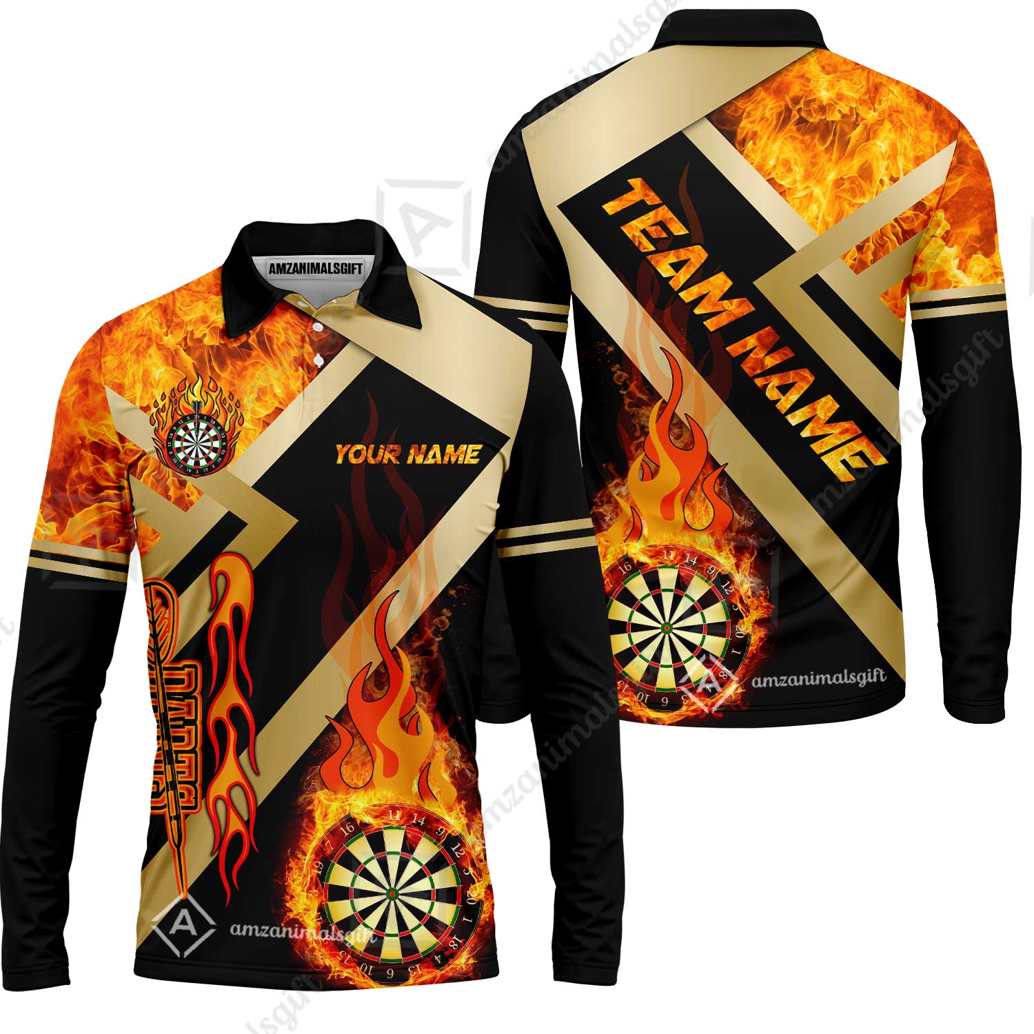 Customized Darts Long Sleeve Polo Shirt, Darts Dartboard Fire Flame Multicolor Jersey For Darts Players, Custom Team Darts - Image 2