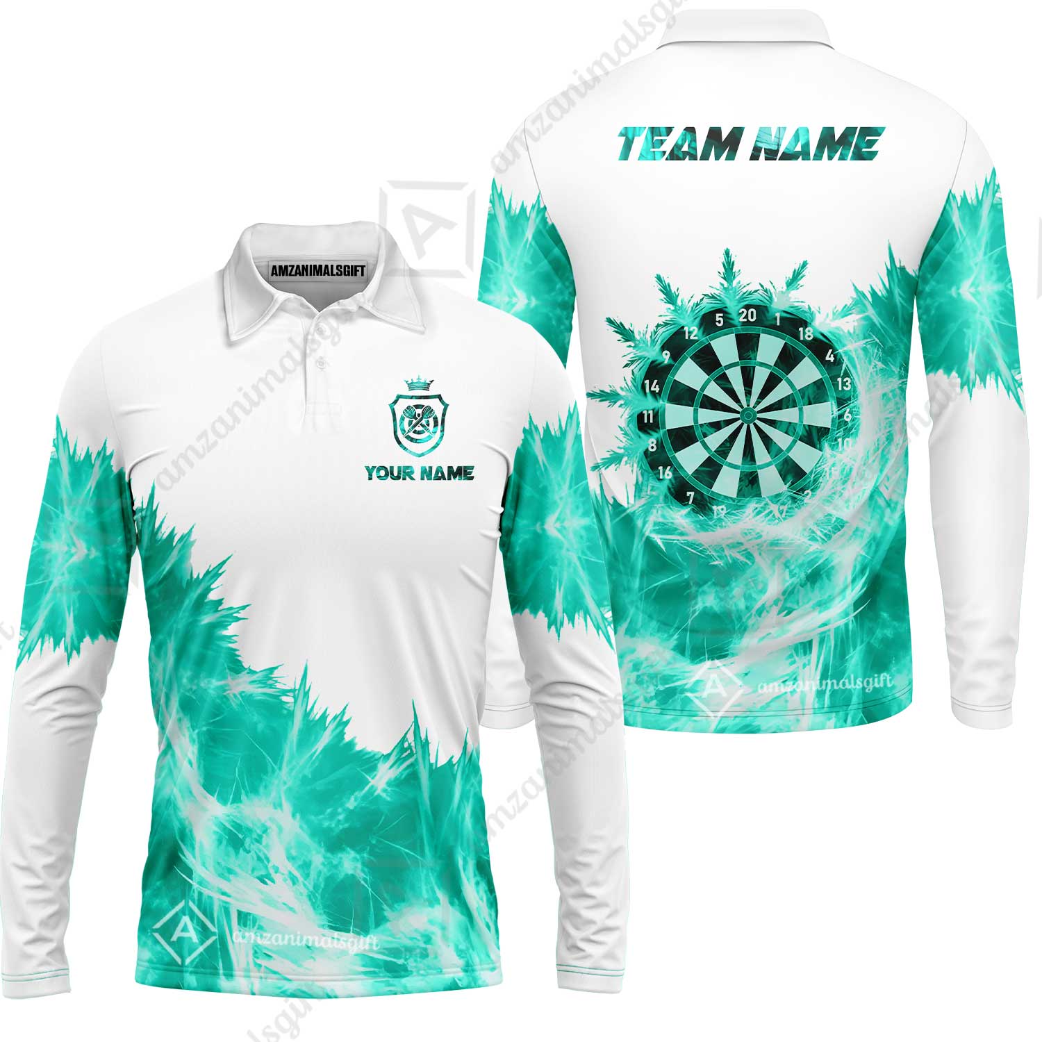 Customized Darts Long Sleeve Polo Shirt, Darts Icy Light White And Multi Color Team Long Sleeve Polo Shirt Jersey For Darts Player - Image 2