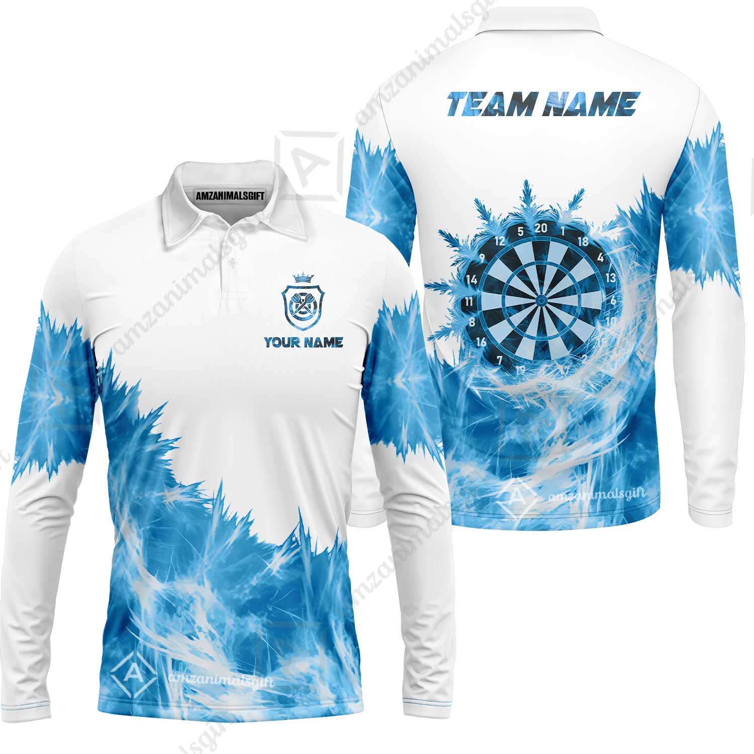 Customized Darts Long Sleeve Polo Shirt, Darts Icy Light White And Multi Color Team Long Sleeve Polo Shirt Jersey For Darts Player - Image 3