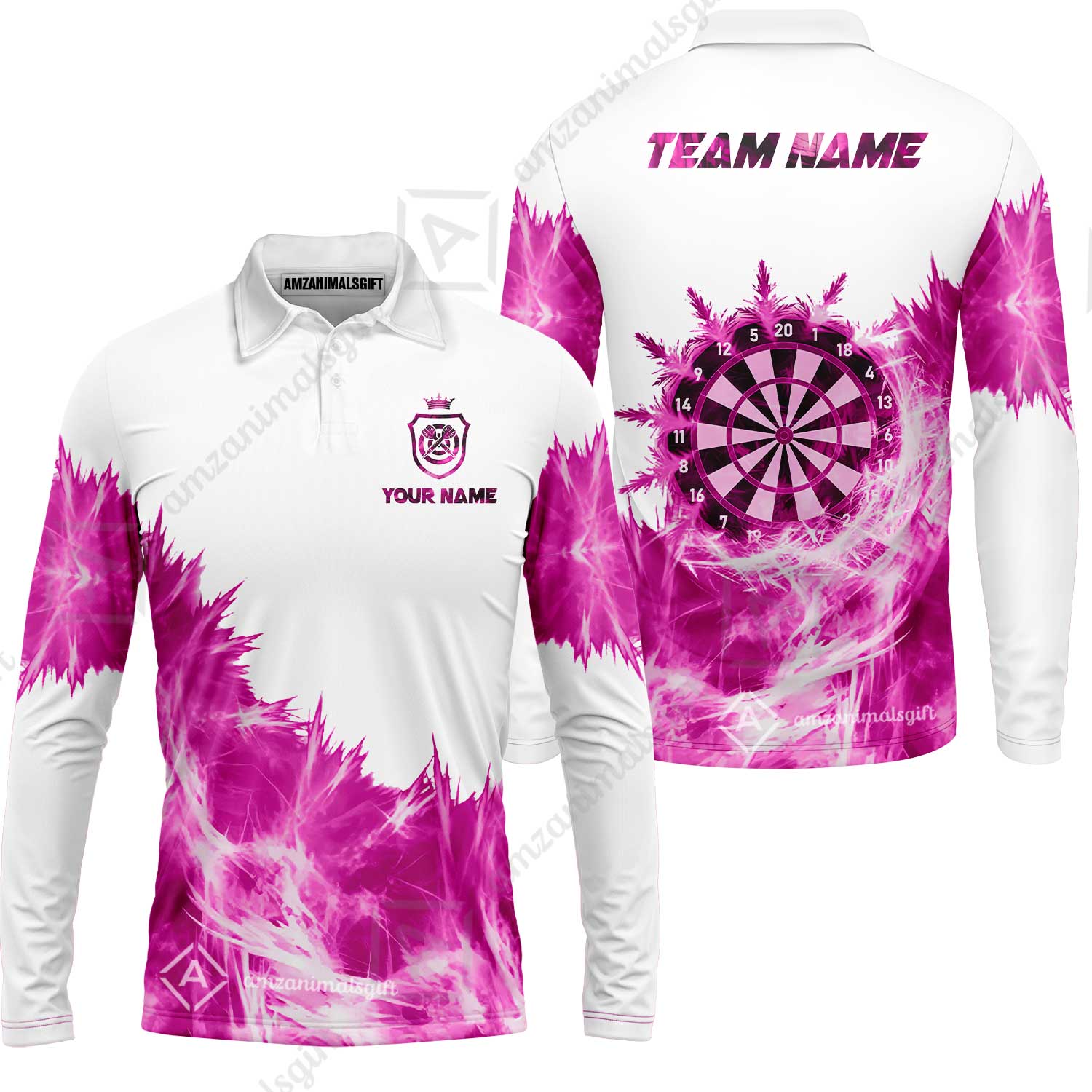Customized Darts Long Sleeve Polo Shirt, Darts Icy Light White And Multi Color Team Long Sleeve Polo Shirt Jersey For Darts Player - Image 4