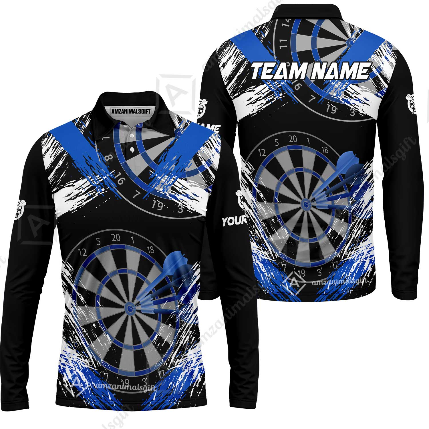 Customized Darts Long Sleeve Polo Shirt, Darts Tournament Grunge Style Multicolor Custom Dart Long Sleeve Polo Shirt Team Jersey For Darts Player - Image 2
