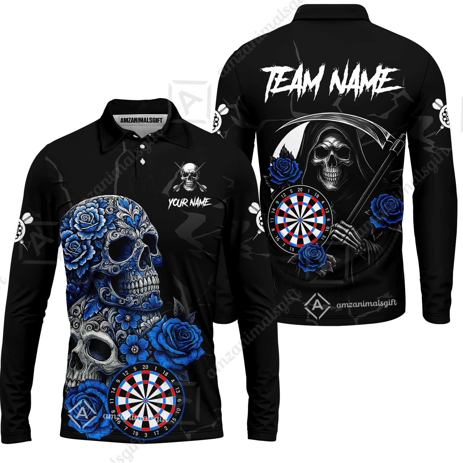 Customized Darts Long Sleeve Polo Shirt, Darts Turquoise Skull Roses Dartboard Zip Polo Style Jersey for Darts Players - Image 3