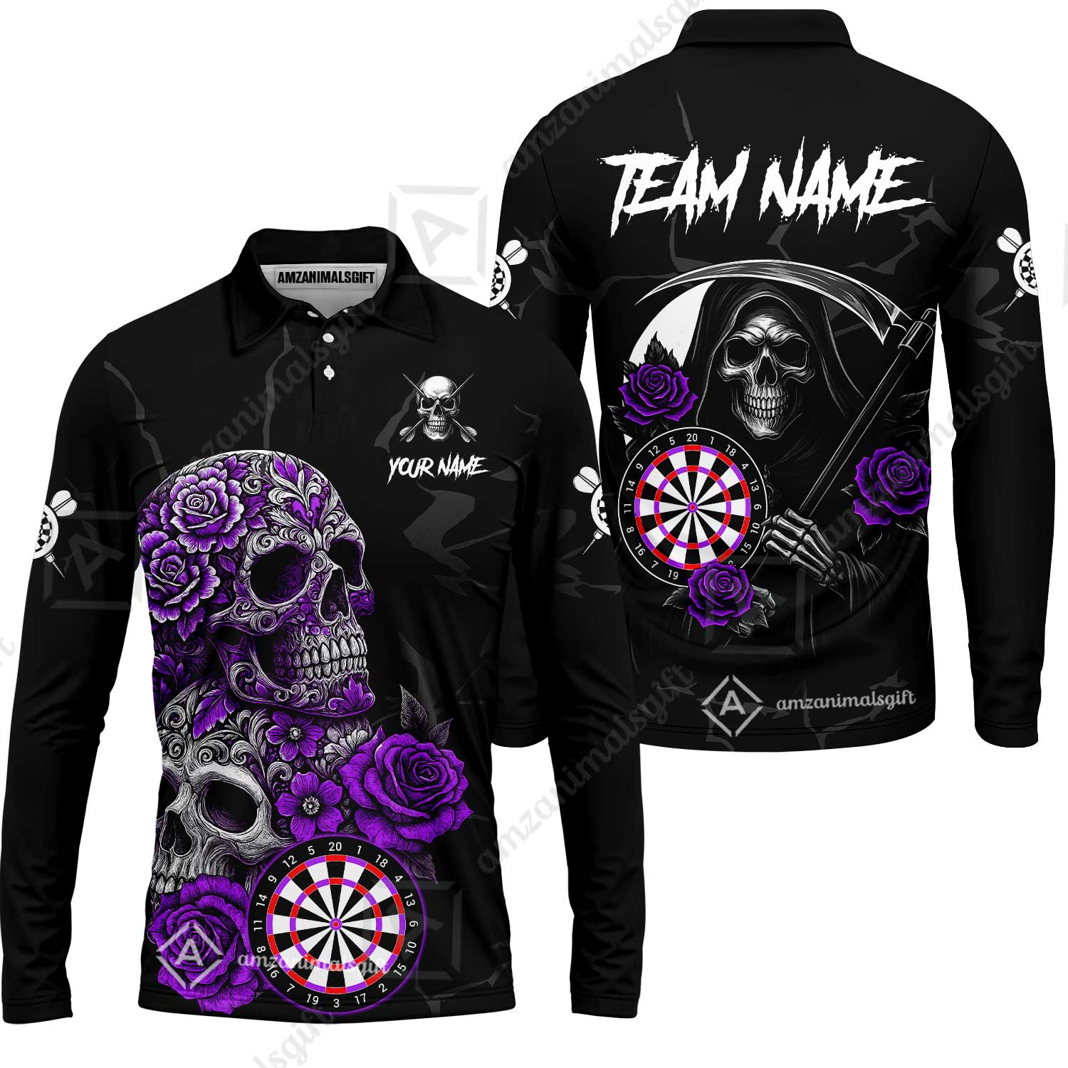 Customized Darts Long Sleeve Polo Shirt, Darts Turquoise Skull Roses Dartboard Zip Polo Style Jersey for Darts Players - Image 4