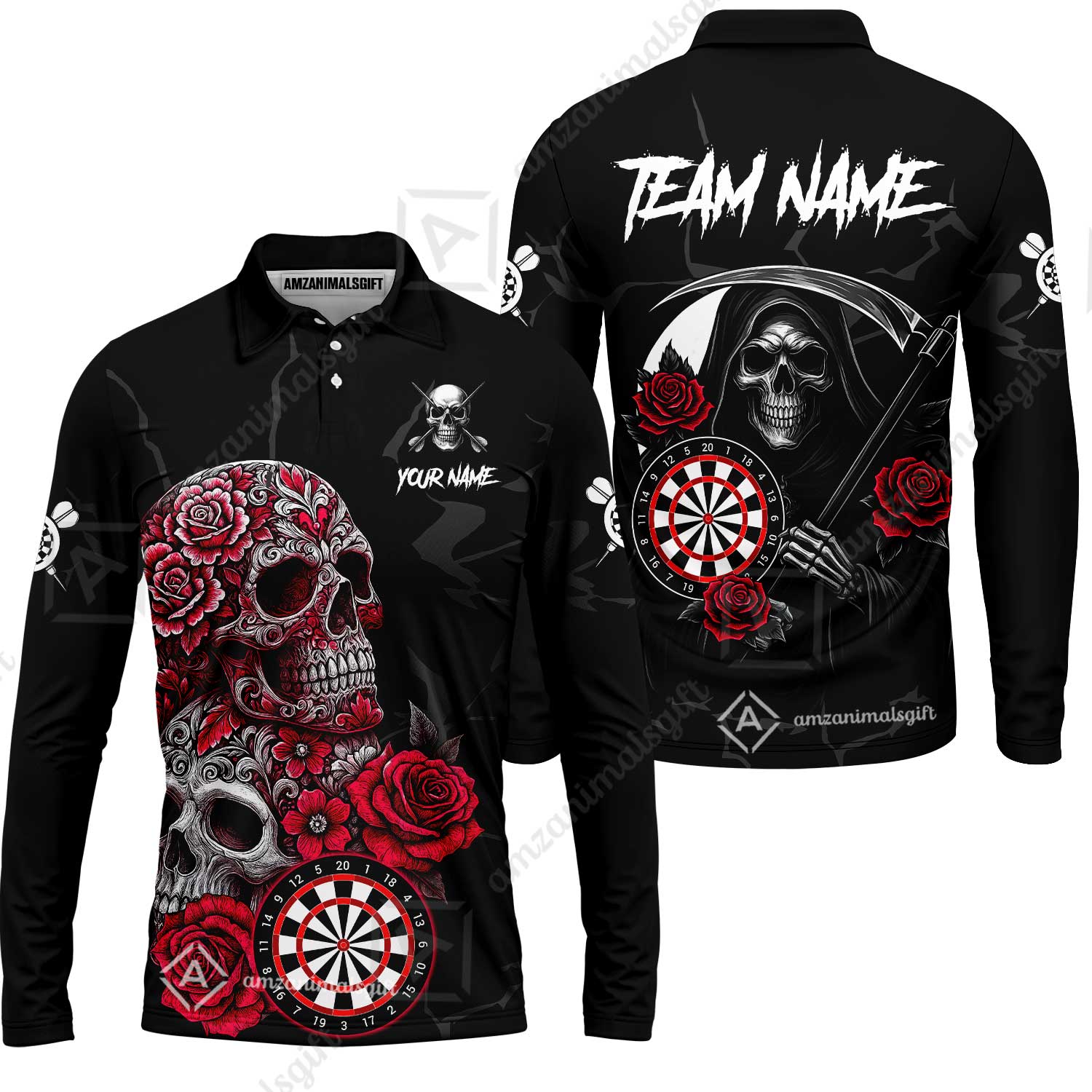 Customized Darts Long Sleeve Polo Shirt, Darts Turquoise Skull Roses Dartboard Zip Polo Style Jersey for Darts Players - Image 5