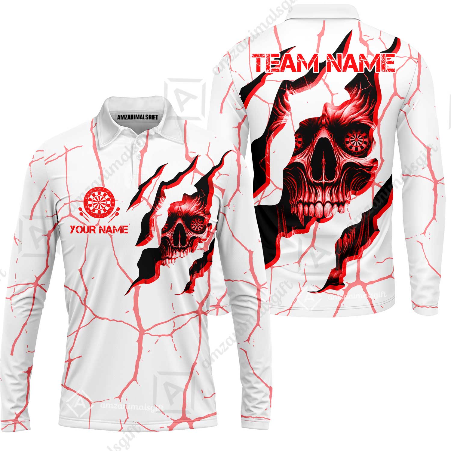 Customized Darts Long Sleeve Polo Shirt, Torn-Up Skull Dartboard Eyes Darts Team Style Long Sleeve Polo Shirt for Players, Jersey for Darts Players - Image 4
