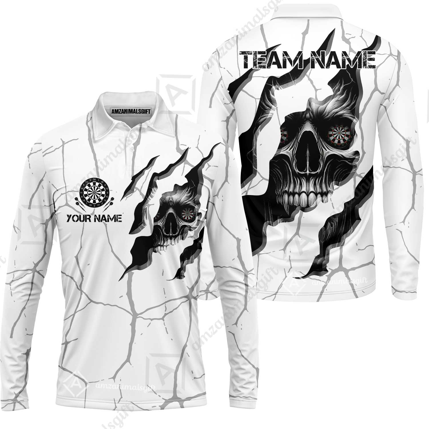 Customized Darts Long Sleeve Polo Shirt, Torn-Up Skull Dartboard Eyes Darts Team Style Long Sleeve Polo Shirt for Players, Jersey for Darts Players - Image 5