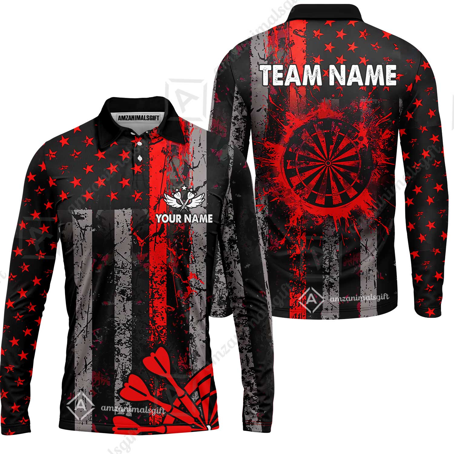 Customized Darts Long Sleeve Polo Shirt, Turquoise Grunge US Flag Patriotic Darts Long Sleeve Polo Shirt Team Style Jersey for Darts Players - Image 3