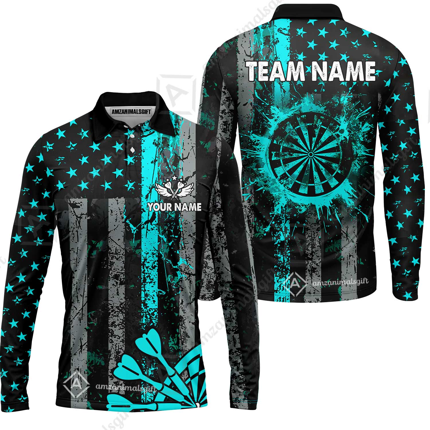 Customized Darts Long Sleeve Polo Shirt, Turquoise Grunge US Flag Patriotic Darts Long Sleeve Polo Shirt Team Style Jersey for Darts Players - Image 4