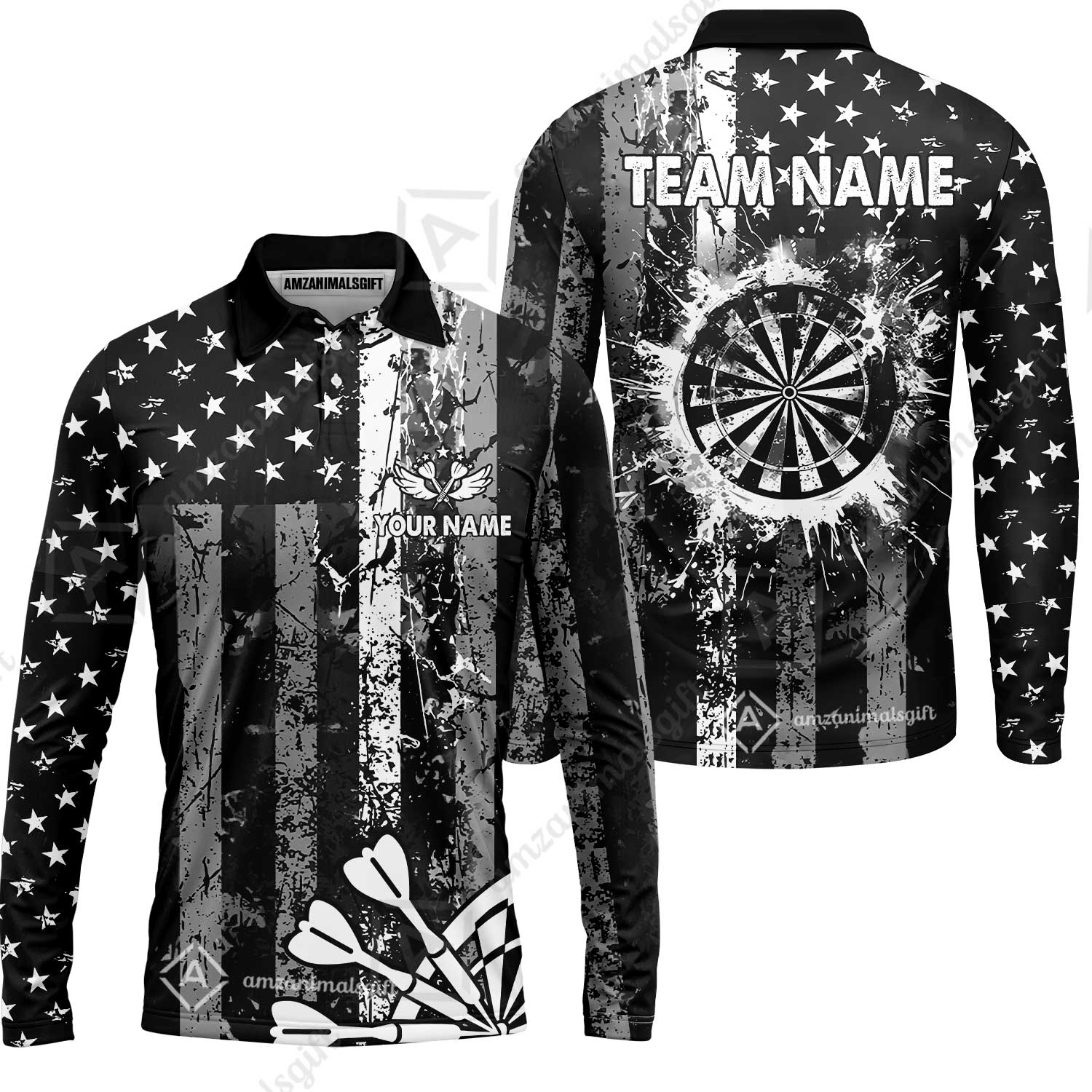 Customized Darts Long Sleeve Polo Shirt, Turquoise Grunge US Flag Patriotic Darts Long Sleeve Polo Shirt Team Style Jersey for Darts Players - Image 5