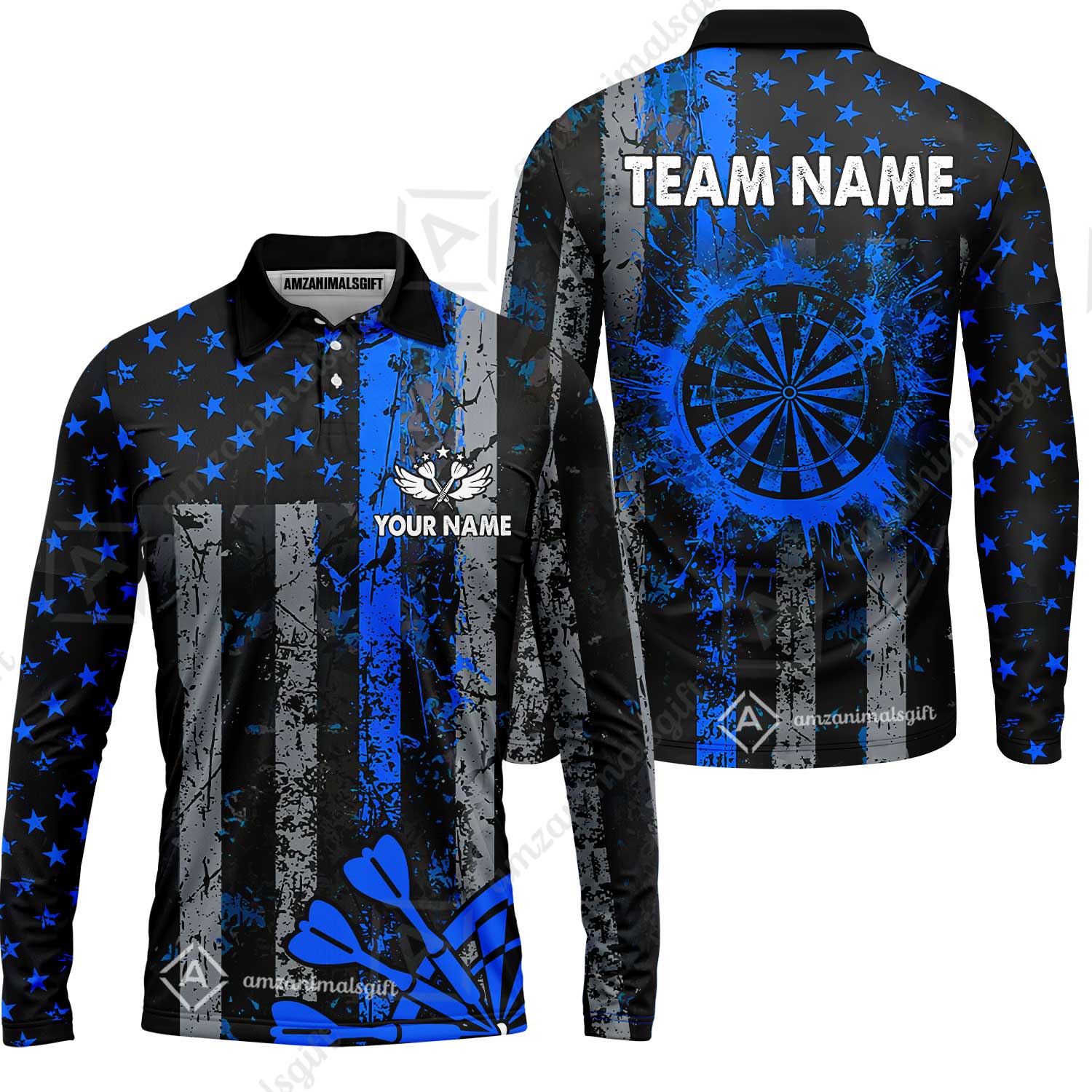 Customized Darts Long Sleeve Polo Shirt, Turquoise Grunge US Flag Patriotic Darts Long Sleeve Polo Shirt Team Style Jersey for Darts Players - Image 6