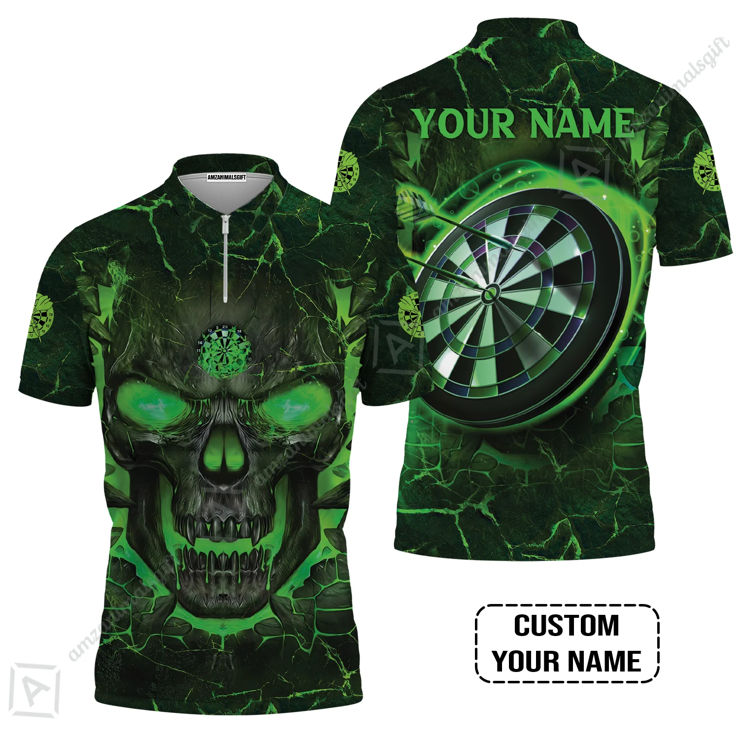 Customized Darts Men Polo Shirt, Flame Green Skull Dartboard Personalized Skull And Darts Polo Shirt - Image 4