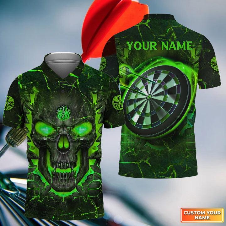 Customized Darts Men Polo Shirt, Flame Green Skull Dartboard Personalized Skull And Darts Polo Shirt - Gift For Darts Players Uniforms, Darts Lovers