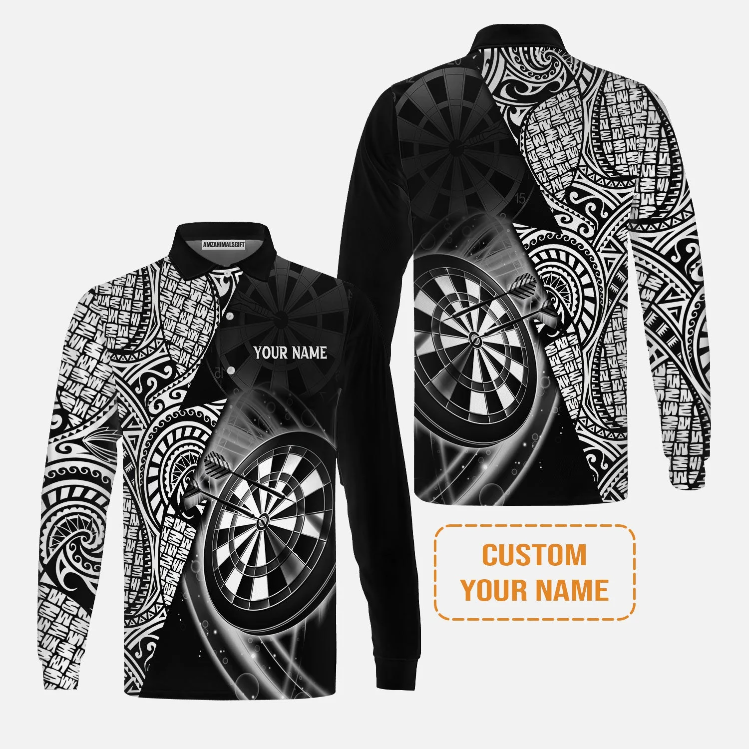 Customized Darts Men's Long Sleeve Polo Shirt, Black & White Tattoo Darts, Personalized Name Long Sleeve Polo Shirt For Men - Perfect Gift For Darts Lovers, Darts Players - Image 2