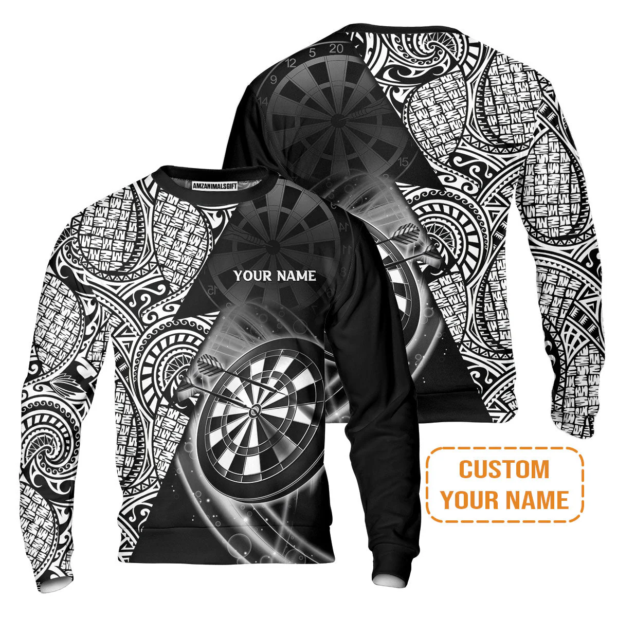 Customized Darts Men's Long Sleeve Polo Shirt, Black & White Tattoo Darts, Personalized Name Long Sleeve Polo Shirt For Men - Perfect Gift For Darts Lovers, Darts Players - Image 7
