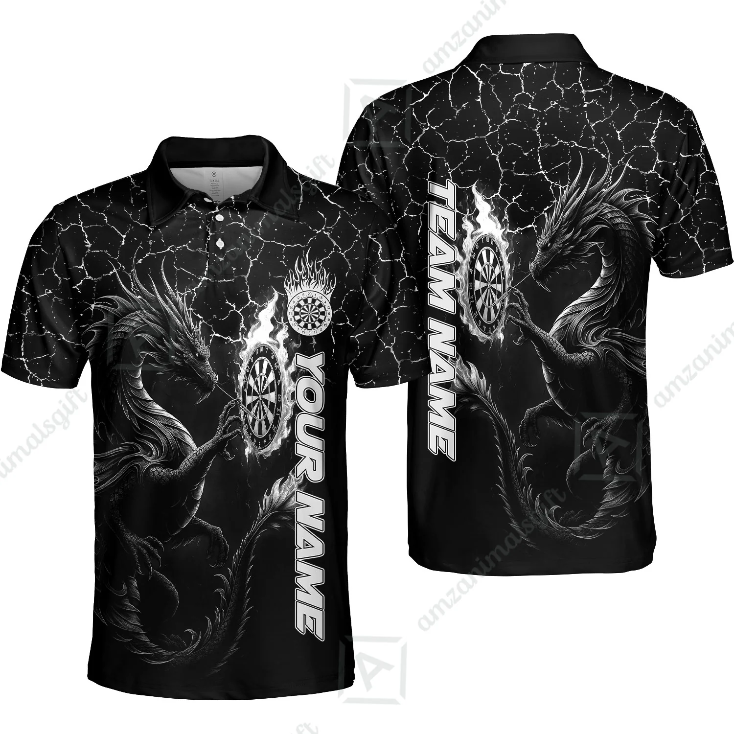 Customized Darts Polo Shirt, Big Dragon Dartboard Flame Darts Polo Shirt Multicolor Team Style, Jersey for Darts Players