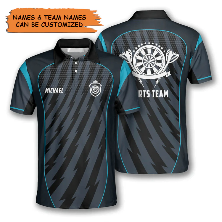 Customized Darts Polo Shirt, Blue Grey Sports Style Team Shirt, Personalized Name Polo Shirt For Men - Perfect Gift For Darts Lovers, Darts Players