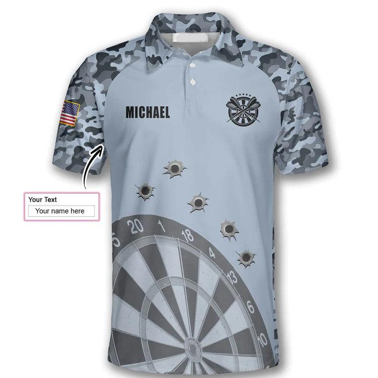 Customized Darts Polo Shirt, Darts Grey Camouflage Gun Holes, Personalized Name Polo Shirt For Men - Perfect Gift For Darts Lovers, Darts Players
