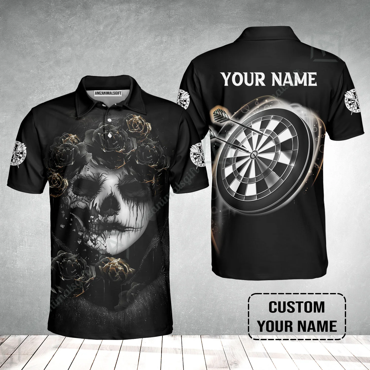 Customized Name Darts Polo Shirt, Flower Skull Girl And Dartboard Personalized Polo Shirt - Image 2