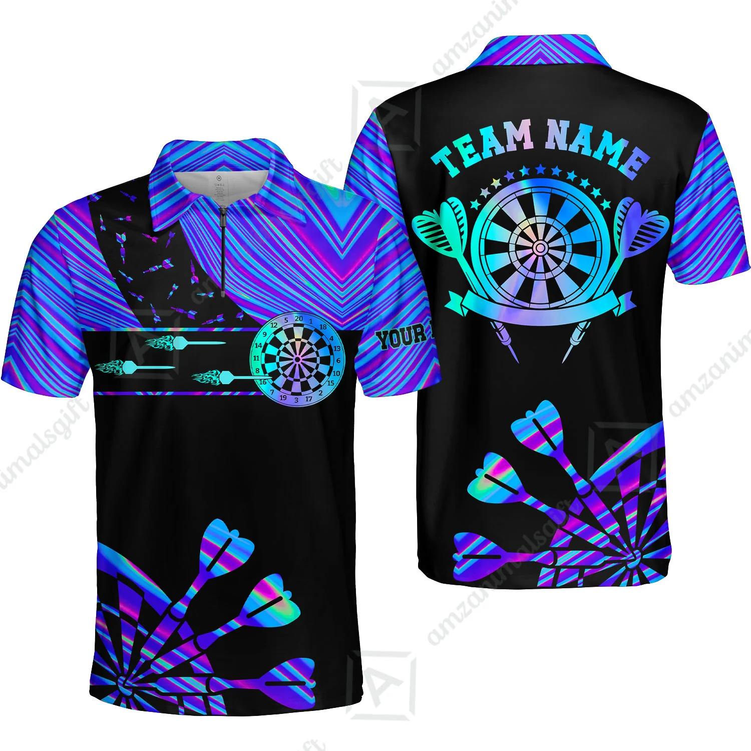 Customized Darts Polo Shirt, Neon Dartboard Darts Team Style Stand Collar Quater-Zip, Perfect Outfit Jersey for Darts Players - Image 3