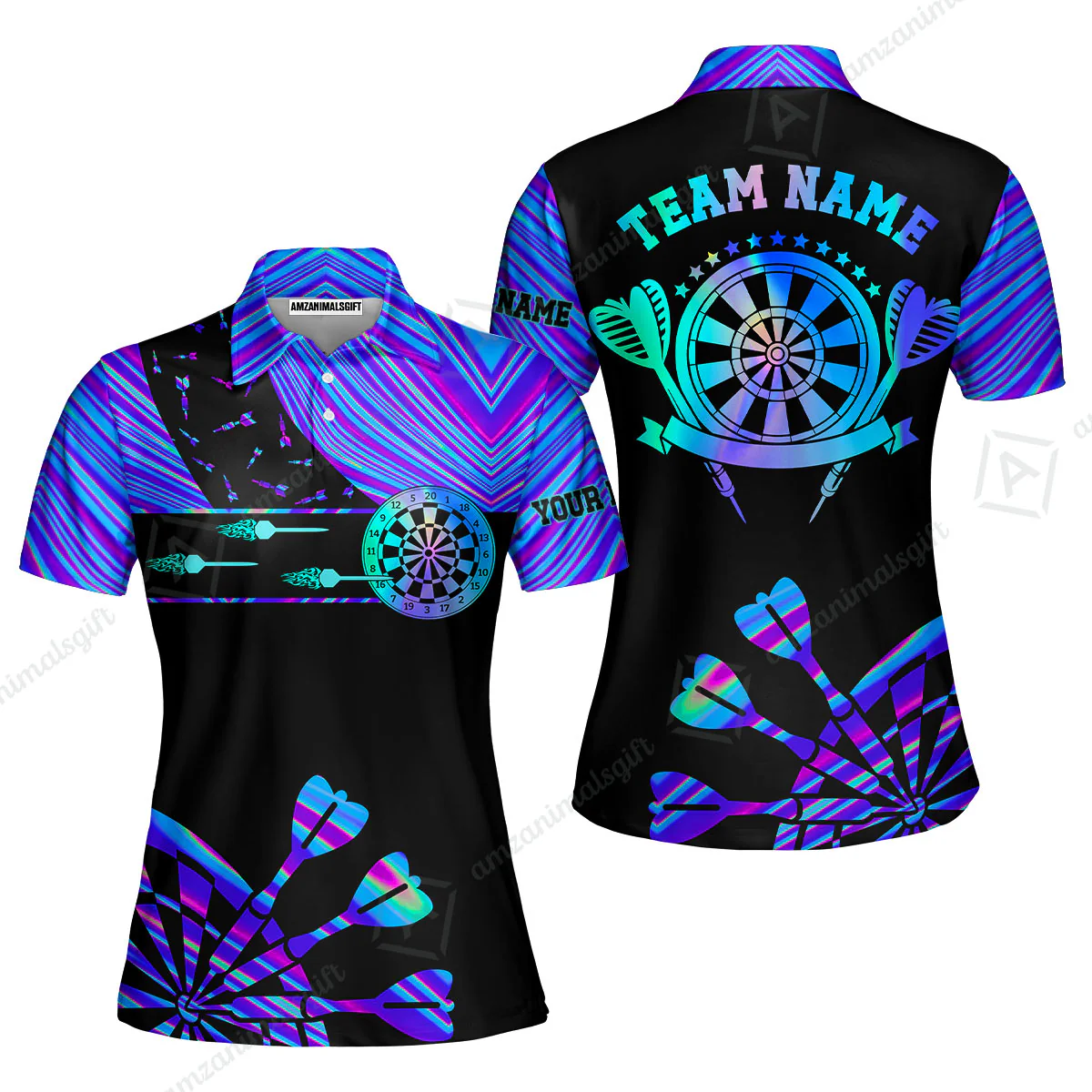 Customized Darts Polo Shirt, Neon Dartboard Darts Team Style Stand Collar Quater-Zip, Perfect Outfit Jersey for Darts Players - Image 4