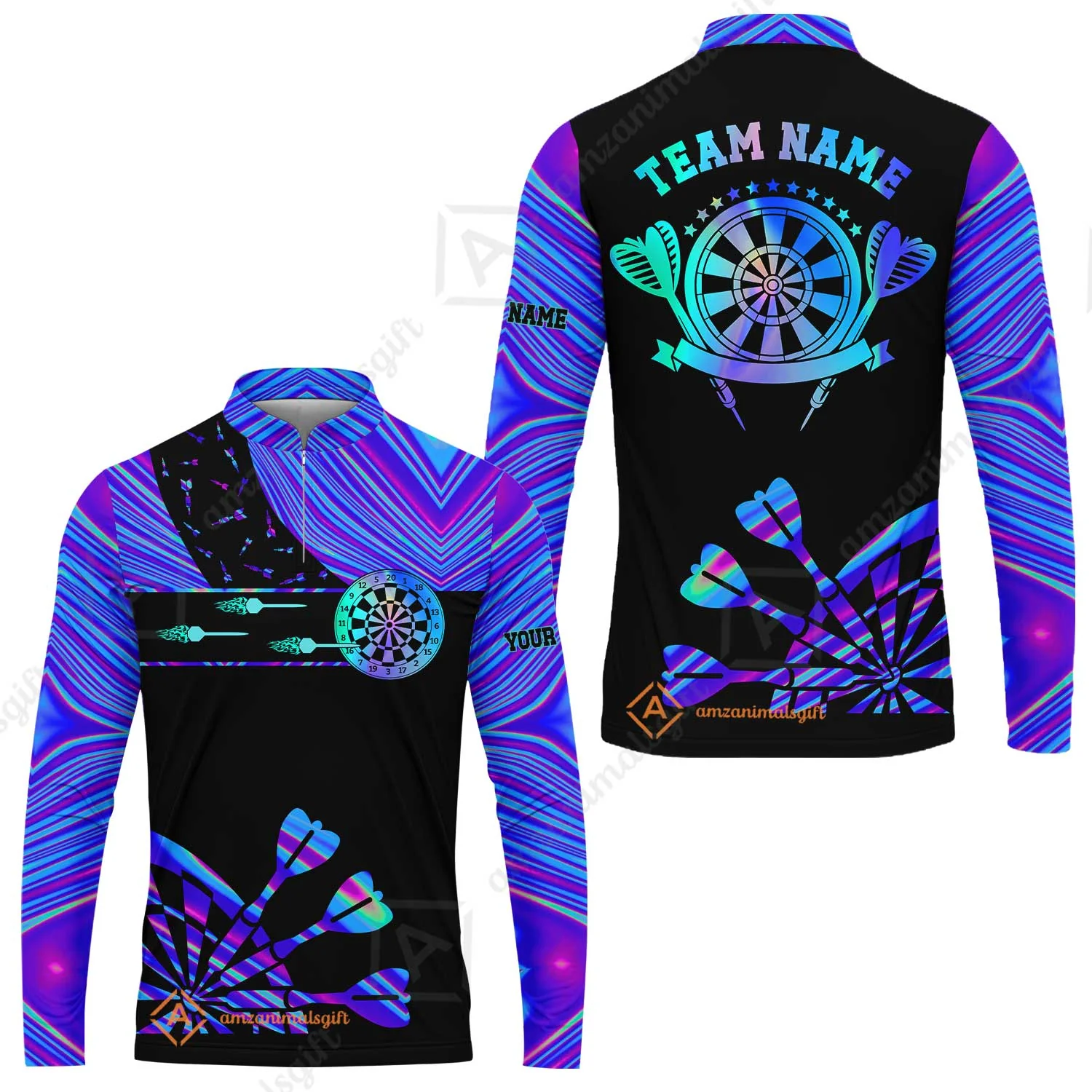 Customized Darts Polo Shirt, Neon Dartboard Darts Team Style Stand Collar Quater-Zip, Perfect Outfit Jersey for Darts Players - Image 6