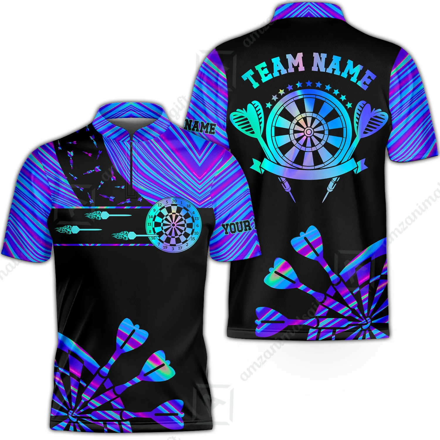 Customized Darts Polo Shirt, Neon Dartboard Darts Team Style Stand Collar Quater-Zip, Perfect Outfit Jersey for Darts Players - Image 9
