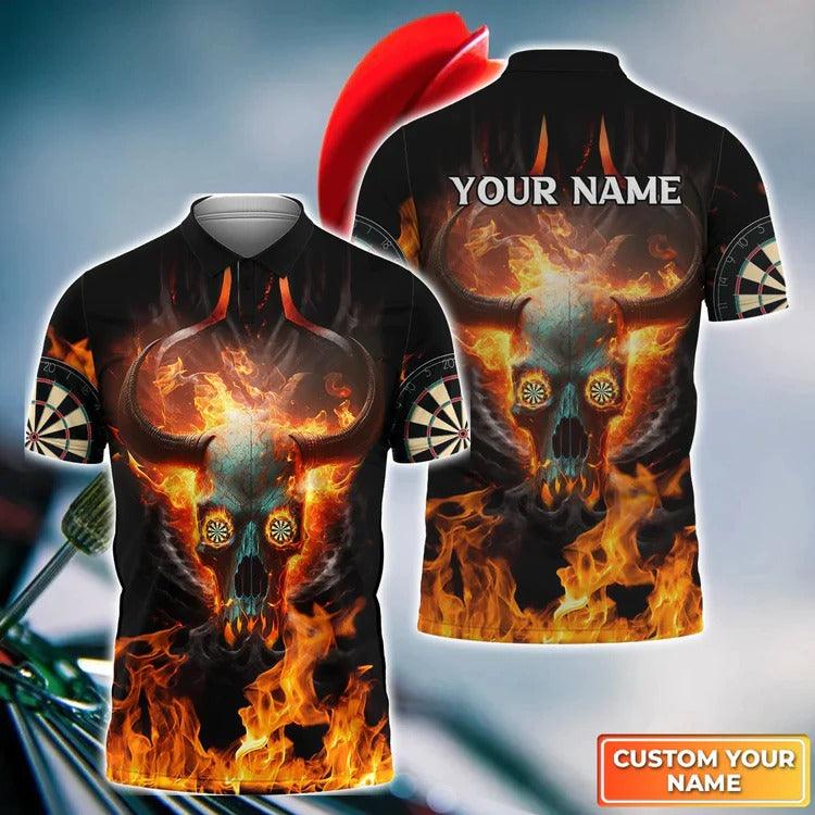 Customized Darts Polo Shirt, Personalized Name Flame Skull And Darts Polo Shirt For Men - Perfect Gift For Darts Lovers, Darts Players