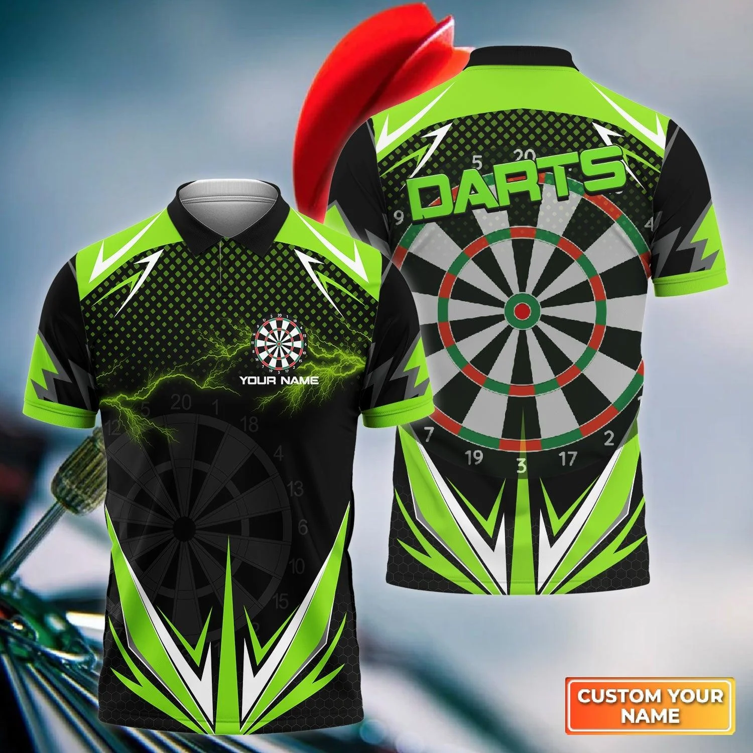 Customized Darts Polo Shirt, Personalized Name Green Lightning Darts Polo Shirt, Outfits For Darts Lovers, Darts Players - Image 6