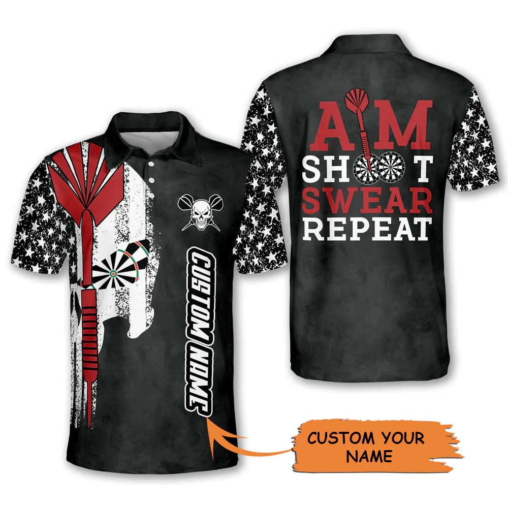 Customized Darts Polo Shirt, Skull, Aim Shoot Swear Repeat Personalized Name Polo Shirt For Men - Perfect Gift For Darts Lovers, Darts Players