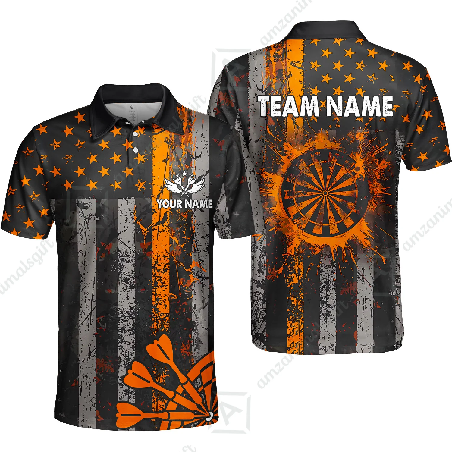 Customized Darts Polo Shirt, Turquoise Grunge US Flag Patriotic Darts Polo Shirt Team Style Jersey for Darts Players - Image 3