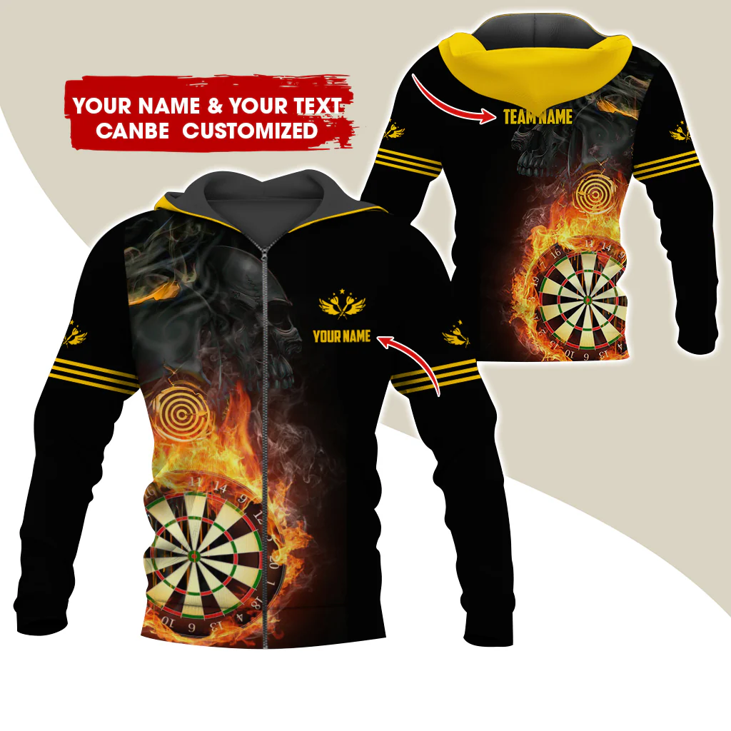 Customized Darts Premium Zip Hoodie, Personalized Name & Team Dartboard In Flame Team Zip Hoodie For Men & Women - Gift For Darts Lovers, Darts Players - Image 3