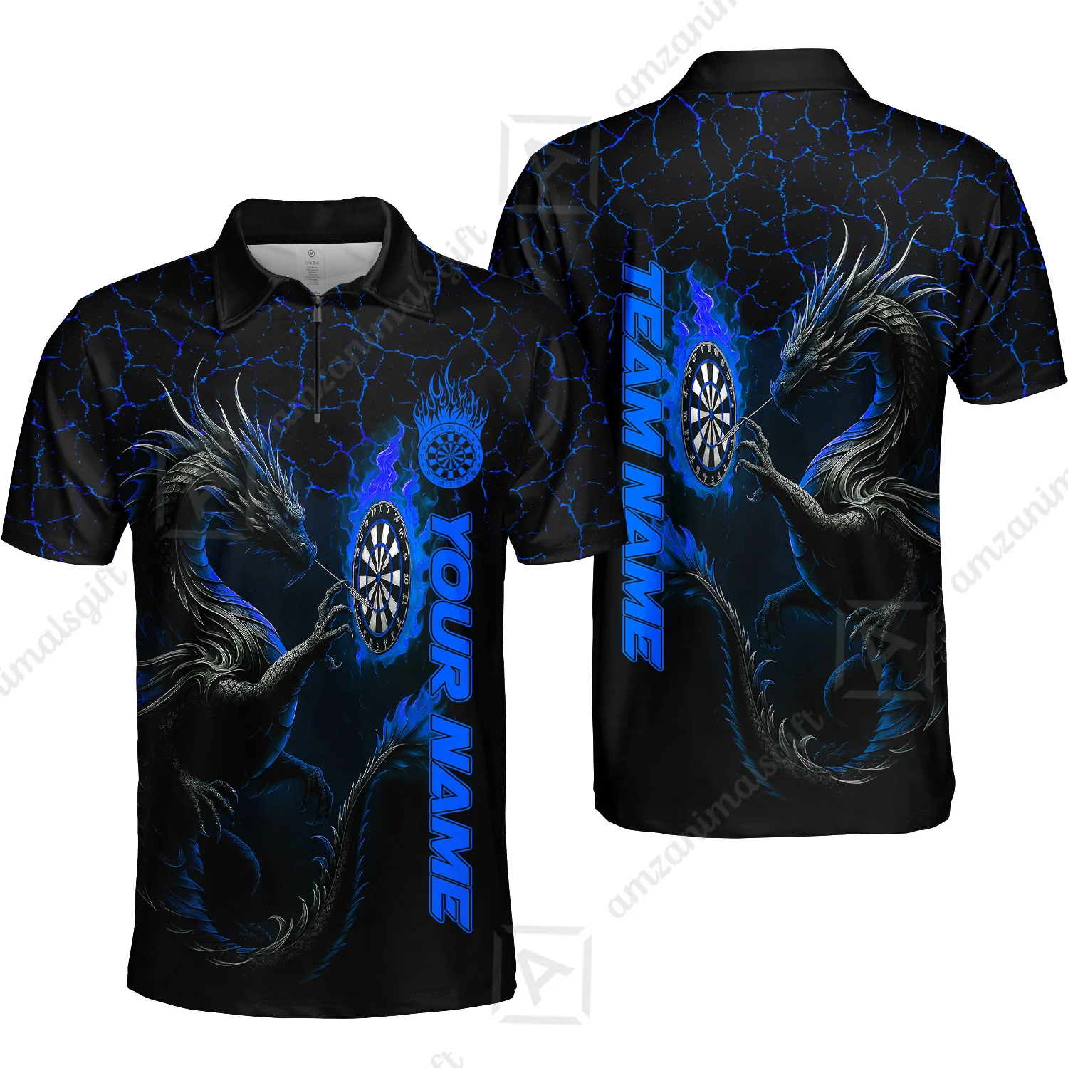 Customized Darts Quarter-Zip Polo Shirt, Big Dragon Dartboard Flame Darts Zip Polo Shirts Team Jersey for Darts Players - Image 2
