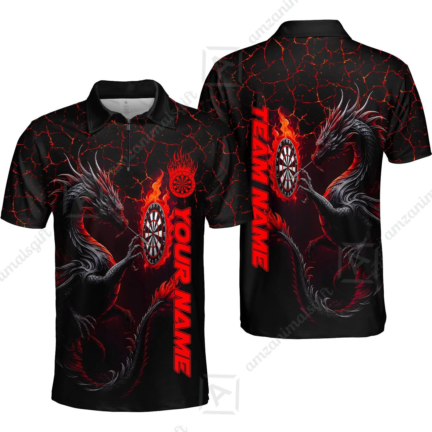 Customized Darts Quarter-Zip Polo Shirt, Big Dragon Dartboard Flame Darts Zip Polo Shirts Team Jersey for Darts Players - Image 4