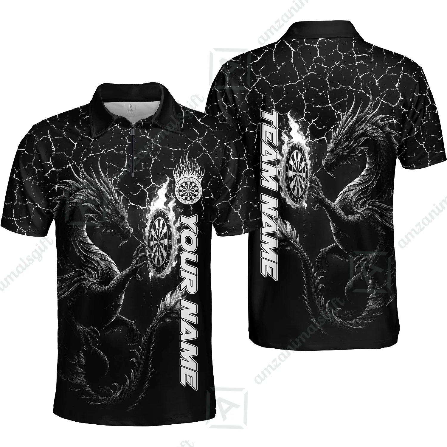 Customized Darts Quarter-Zip Polo Shirt, Big Dragon Dartboard Flame Darts Zip Polo Shirts Team Jersey for Darts Players - Image 5