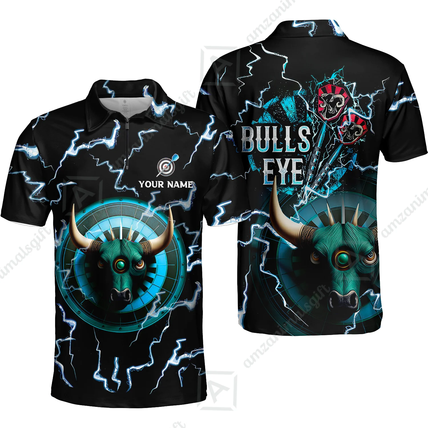 Customized Darts Quarter-Zip Polo Shirt, Bullseye Dartboard, Personalized Name Darts And Bull Polo Shirt For Men - Perfect Gift For Darts Lovers, Darts Players