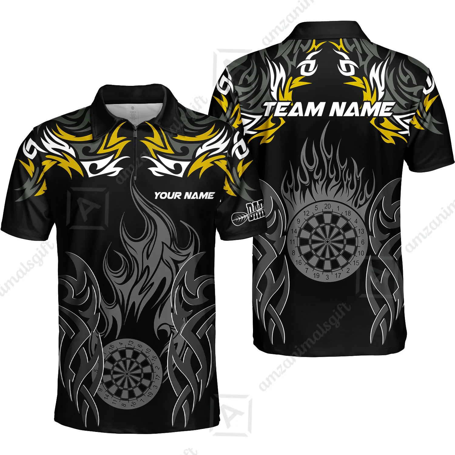 Customized Darts Quarter-Zip Polo Shirt, Dartboard Fire Flame Darts Zip Polo Shirts Team Style Jersey for Darts Players - Image 6
