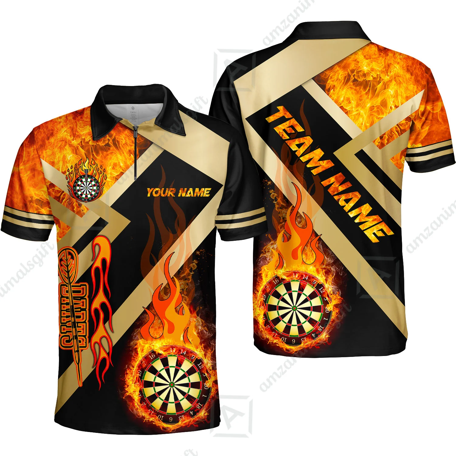 Customized Darts Quarter-Zip Polo Shirt, Darts Dartboard Fire Flame Multicolor Zip Polo Shirt Jersey For Darts Players - Image 3