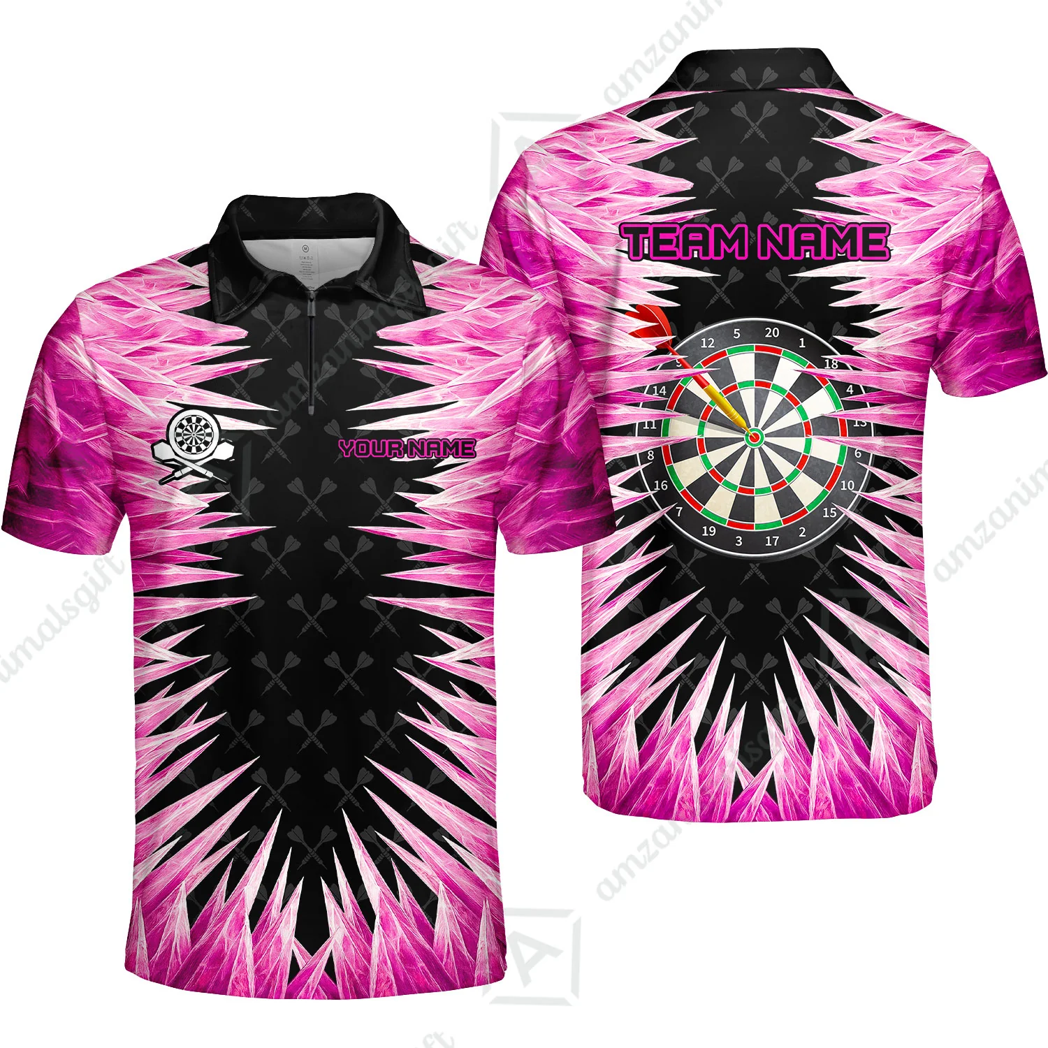 Customized Darts Quarter-Zip Polo Shirt, Darts Dartboard Ice And Fire Multicolor Team Zip Polo Jersey For Darts Players - Image 3