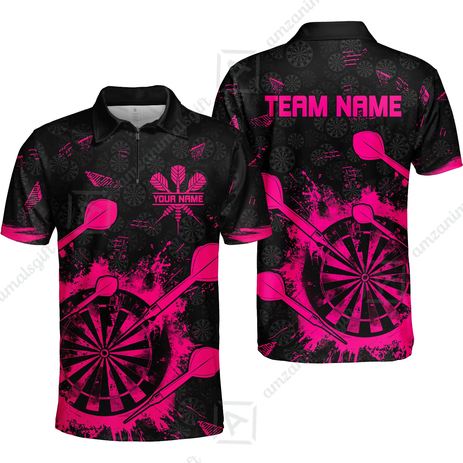 Customized Darts Quarter-Zip Polo Shirt, Darts Grunge Dartboard Zip Polo Shirt Team Style Jersey for Darts Players - Image 3