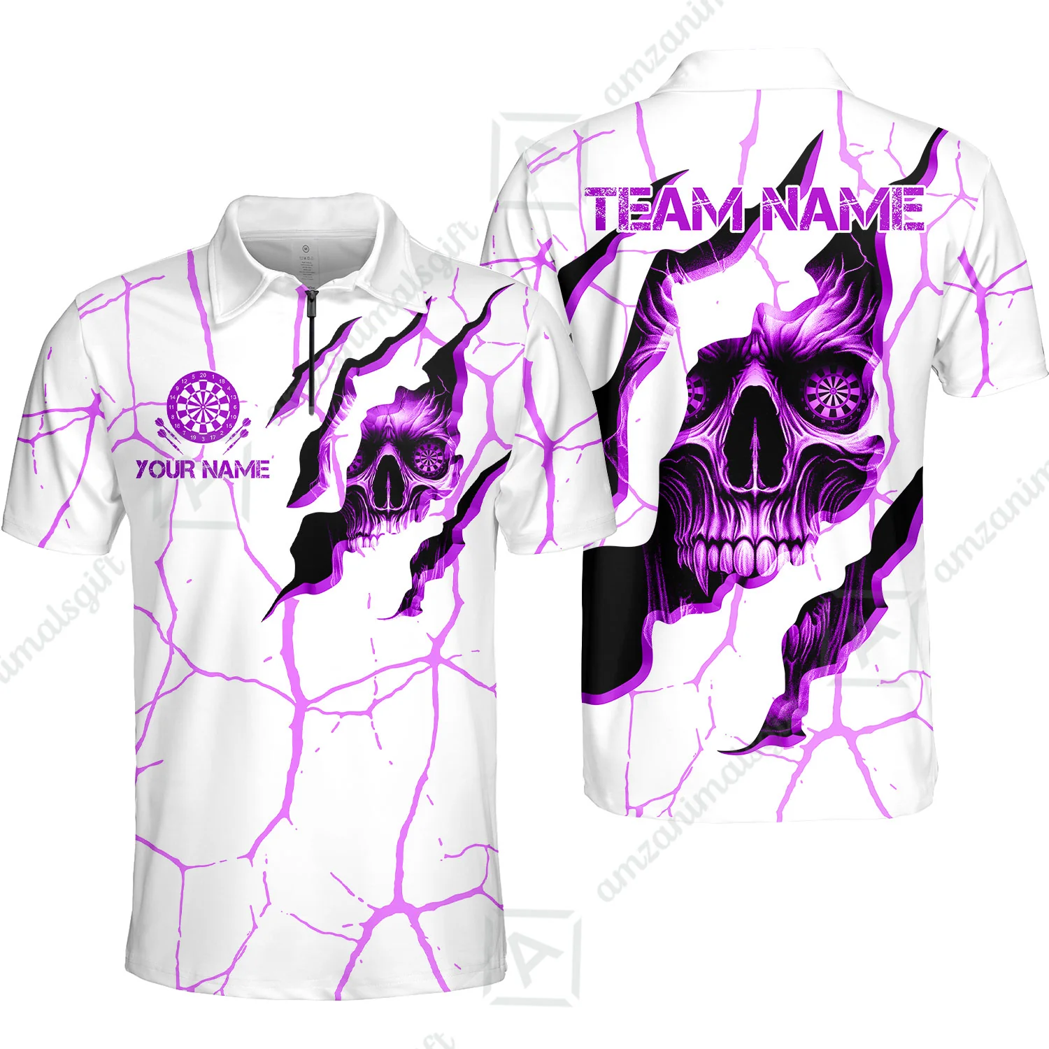 Customized Darts Quarter-Zip Polo Shirt, Torn-Up Skull Dartboard Eyes Darts Zip Polo Team Style Jersey for Darts Players - Image 3