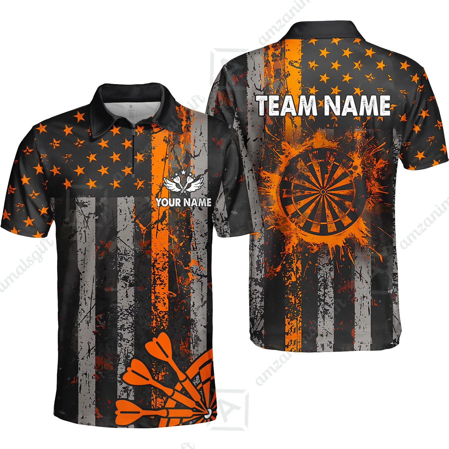 Customized Darts Quarter-Zip Polo Shirt, Turquoise Grunge US Flag Patriotic Darts Zip Polo Team Jersey for Darts Players