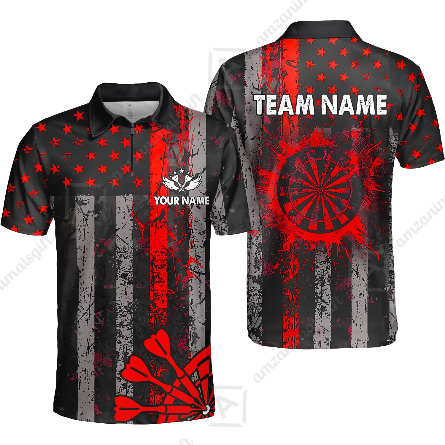 Customized Darts Quarter-Zip Polo Shirt, Turquoise Grunge US Flag Patriotic Darts Zip Polo Team Jersey for Darts Players - Image 6