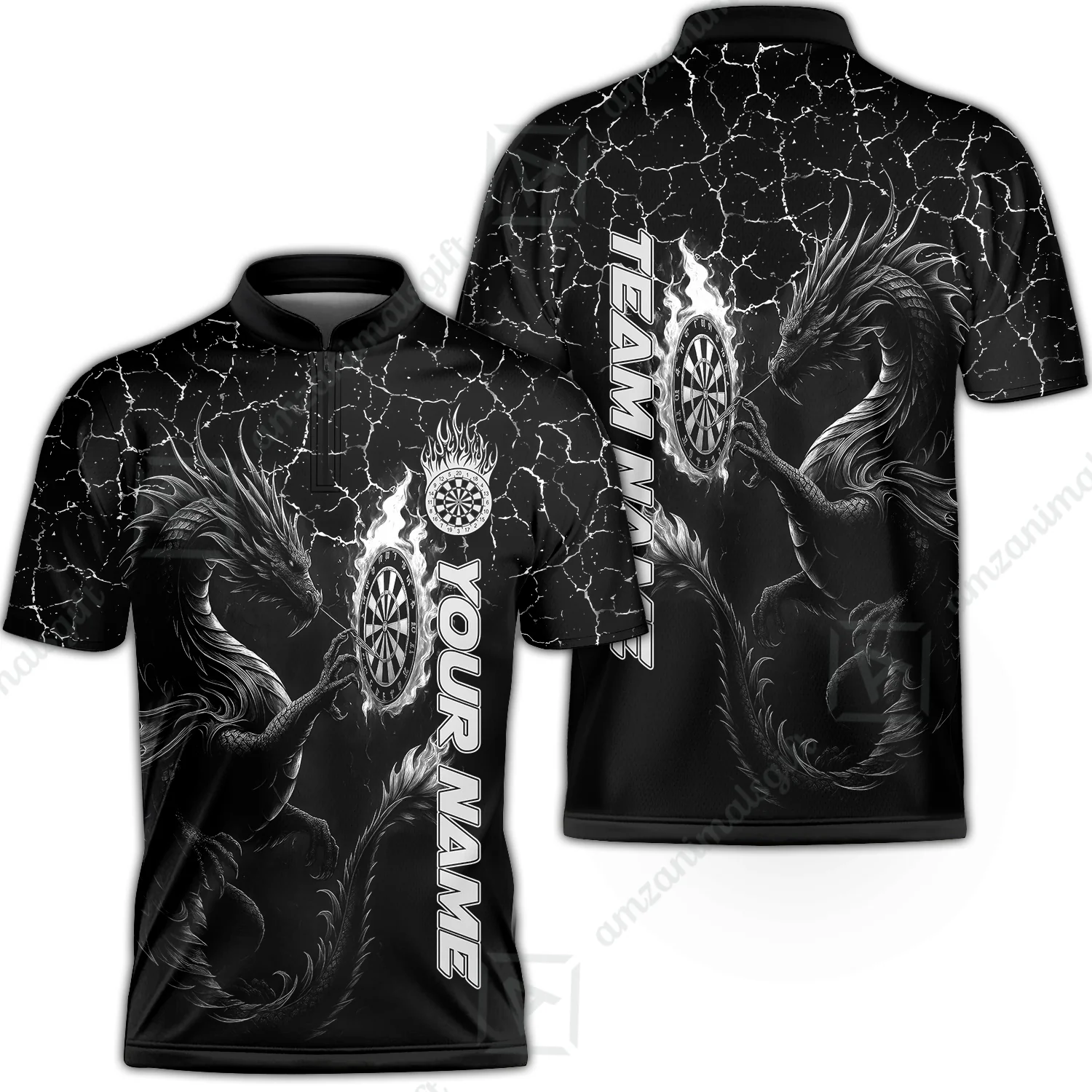 Customized Darts Stand Collar Quarter-Zip Shirt, Big Dragon Dartboard Flame Darts Team Style Jersey for Darts Players - Image 5